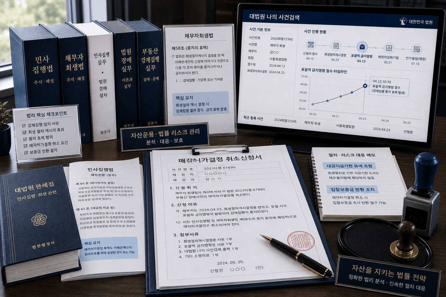 민사집행법의 강제집행 규정과 채무자회생법 제58조의 중지 효력 조항이 복잡하게 얽힌 법원 서류들 사이에서 매각허가결정 취소신청서를 정밀하게 검토하여 리스크를 우회해 낸 분석이미지