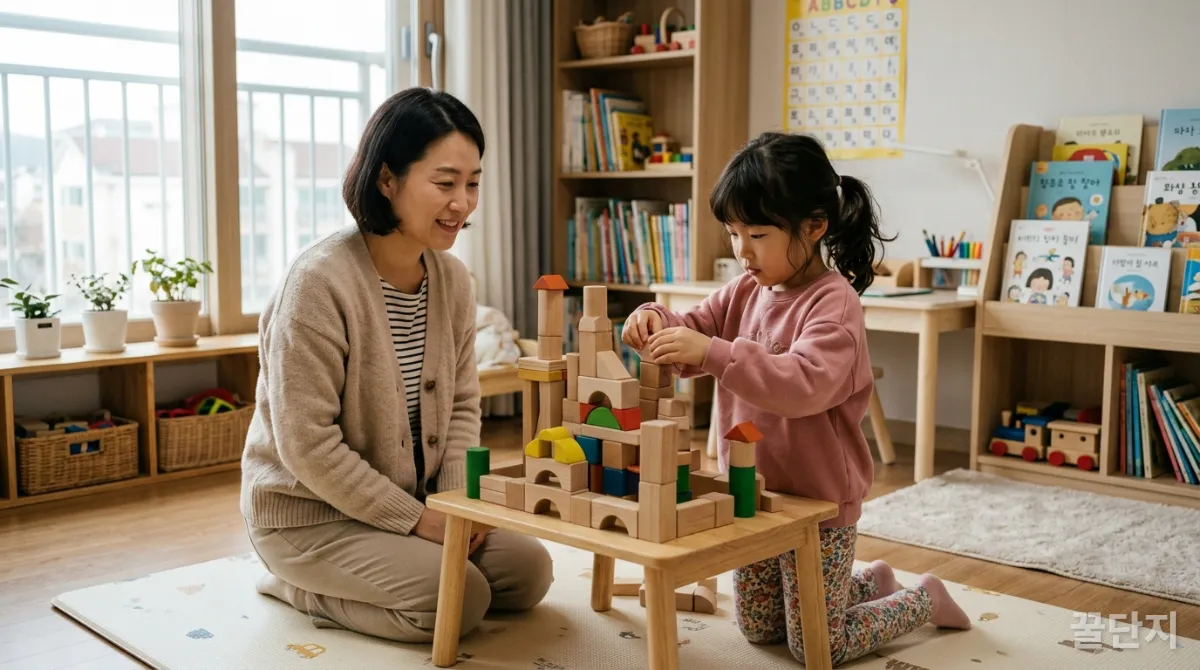 한국 엄마가 아이의 놀이를 지지하며 관찰하는 모습