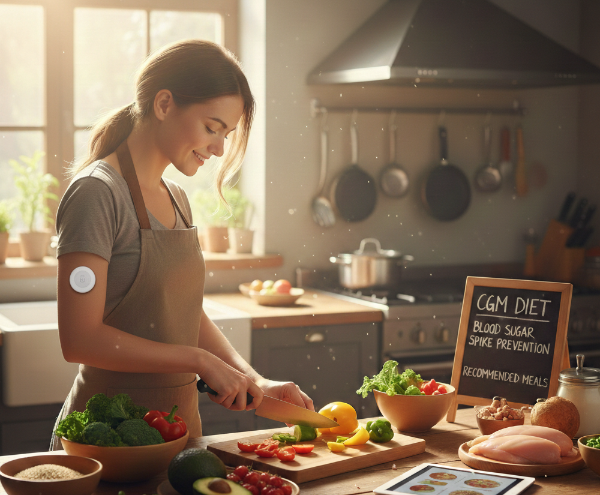 연속혈당측정기를 착용하고 혈당 안정화에 좋은 식단을 요리하고 있는 여자