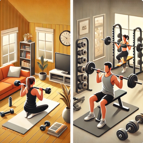홈트와 헬스장을 표현한 이미지