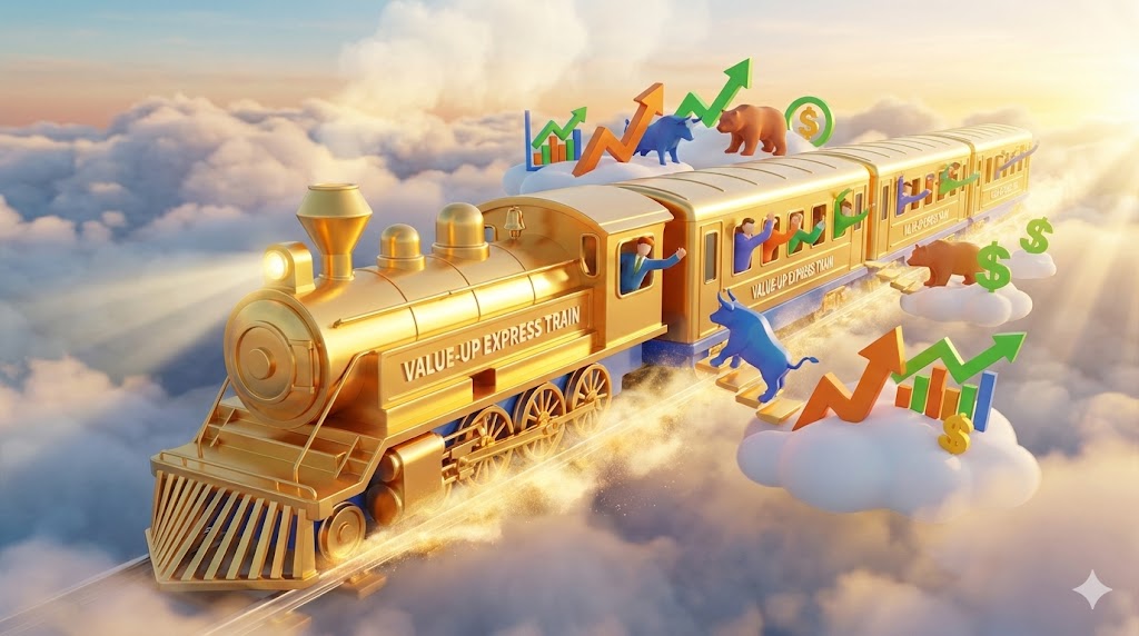 황금빛 밸류업 열차에 올라탄 금융주들이 구름을 뚫고 솟아오르는 역동적인 모습