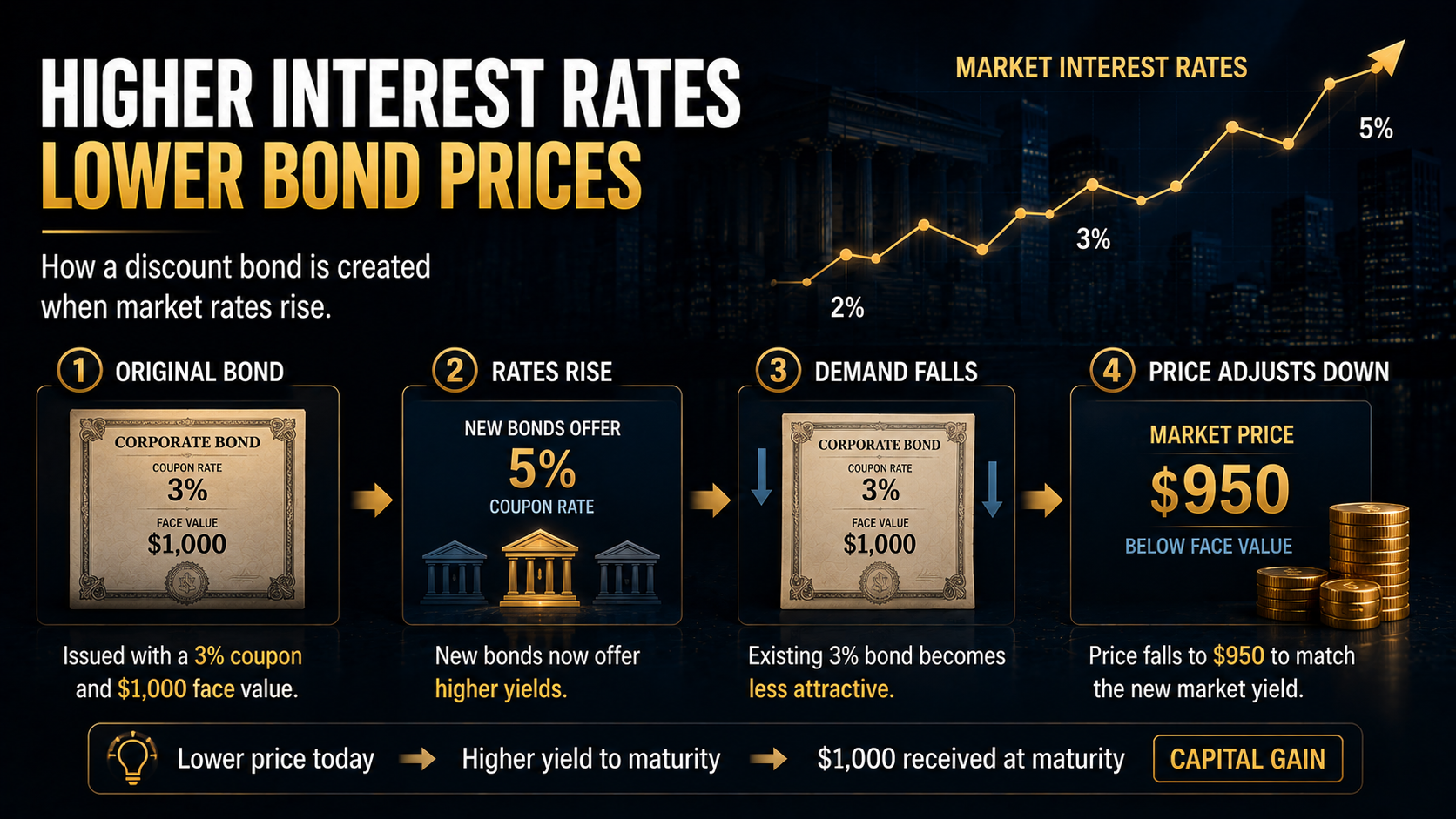 Diagram showing how rising interest rates lower existing bond prices and create discount bonds with higher yield to maturity.