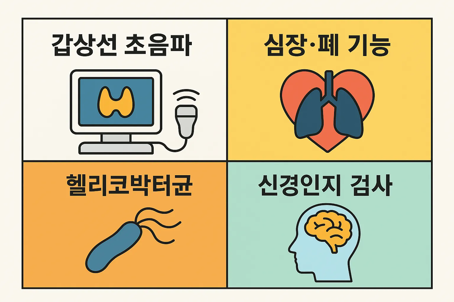 기본검진 외에 갑상선 초음파, 심장&middot;폐 기능 검사, 헬리코박터균 검사, 신경인지 검사 등 연령별 추가 검진 항목을 안내하는 인포그래픽
