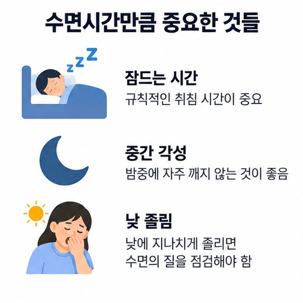 성인은 하루 7시간 이상을 기본으로 하며 수면시간과 함께 잠드는 시간, 중간 각성, 낮 졸림을 확인하는 이미지
