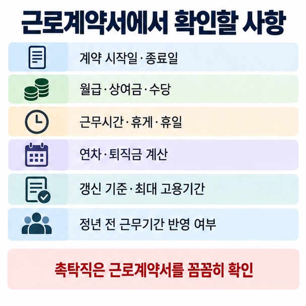 촉탁직 계약 전 시작일과 종료일, 임금과 수당, 근무시간, 갱신조건, 계속근로기간을 확인하는 체크리스트 이미지