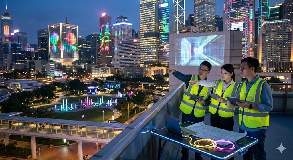 현대 도시 야경과 경관 조명 설계를 검토하는 전문가들, 스마트 시티 조명과 미래 경제를 상징하는 장면