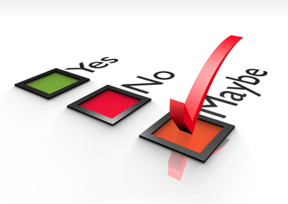 3개의 버튼이 있다. 각 버튼의 색상은 위에부터 초록, 빨강, 다홍색이다. 초록색 옆 버튼에는 Yes가, 빨간색 옆 버튼에는 No 그리고 다홍색 옆 버튼에는 Maybe라는 영단어가 적혀 있다. Maybe라고 적힌 버튼에는 체크 표시가 되어 있다.