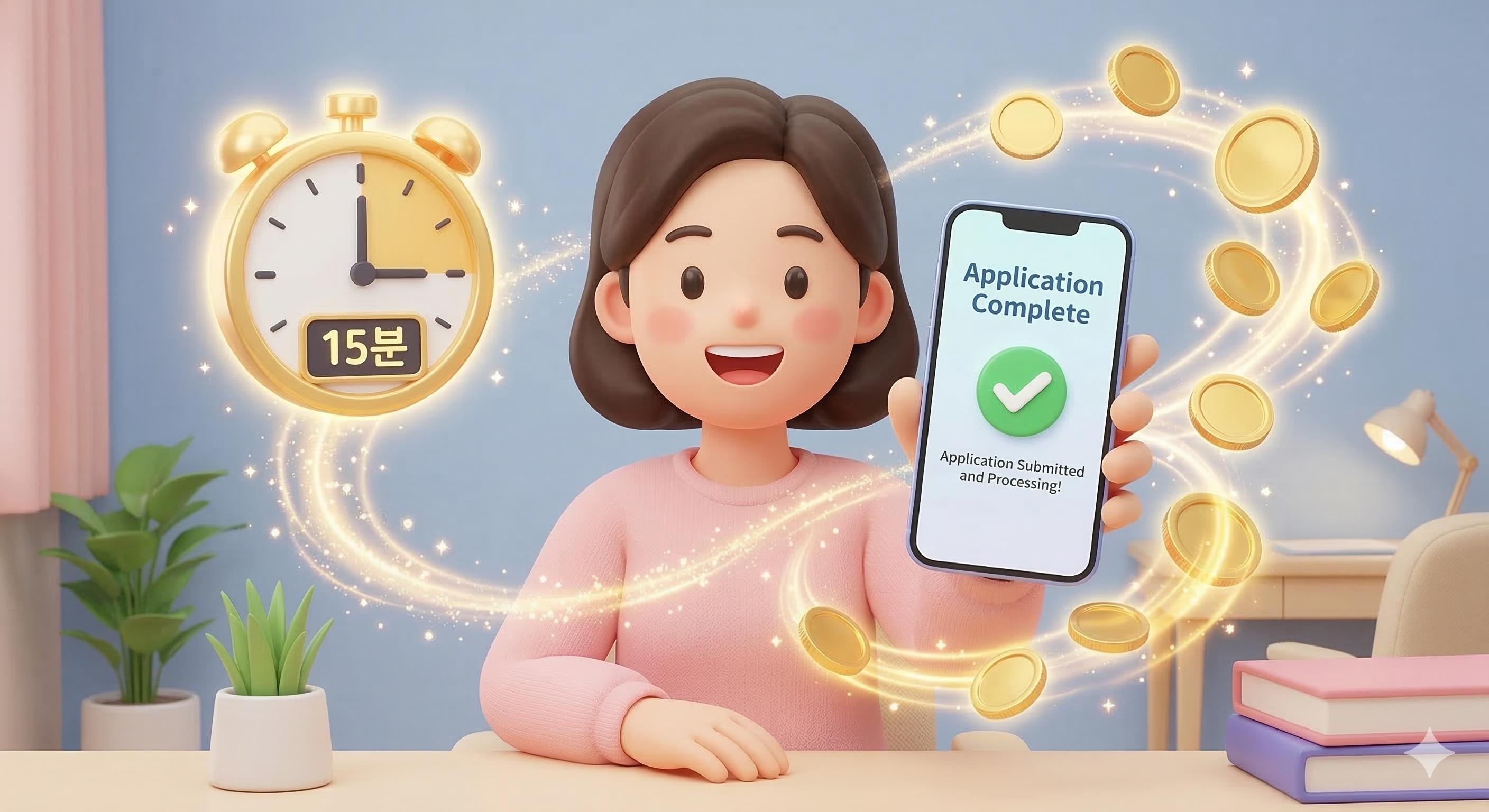 스마트폰 복지로 앱에서 15분 만에 교육 지원금 신청을 완료하고 기회비용과 투자수익률을 분석하는 학부모의 3D 모습