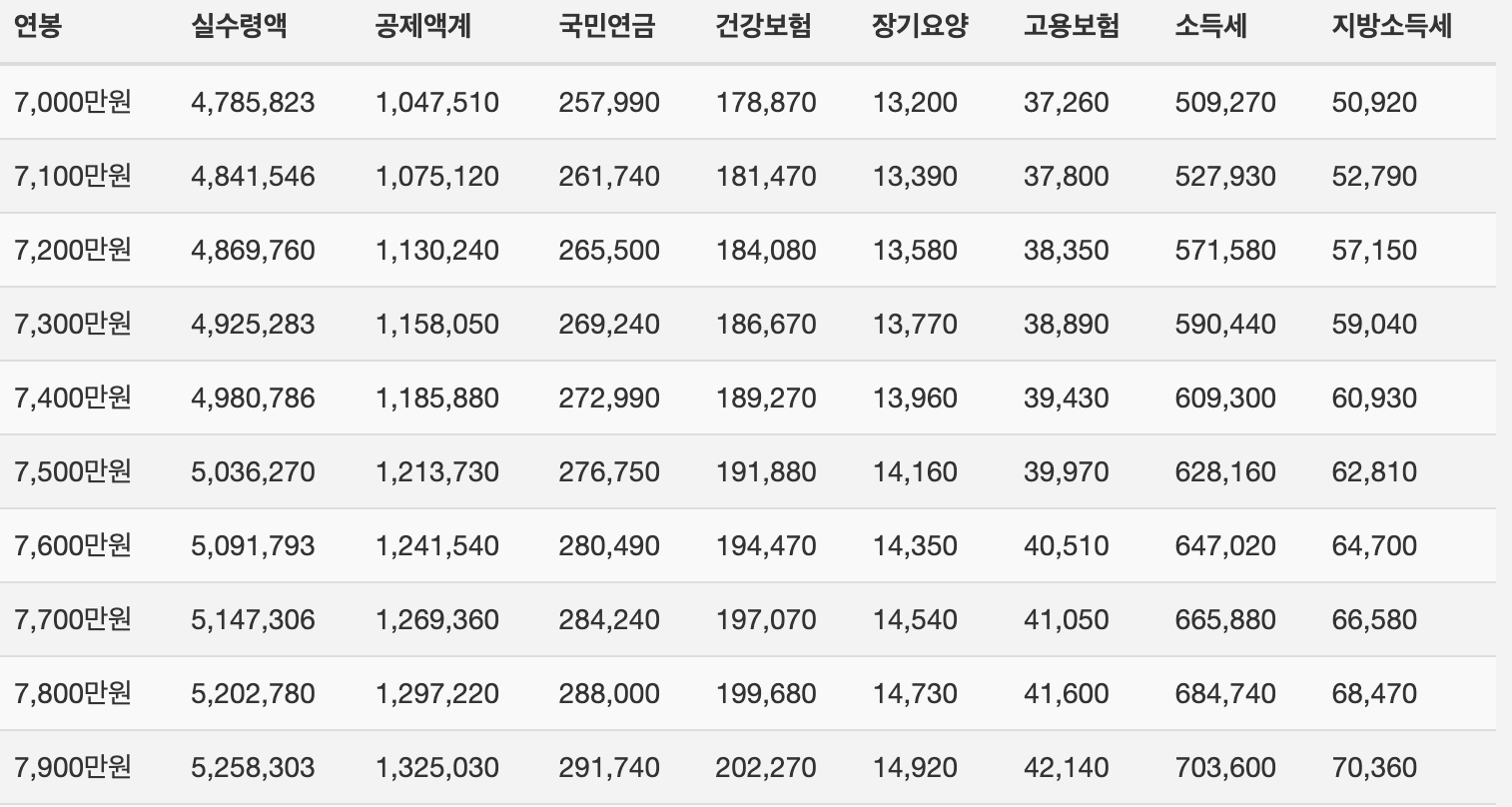 2025년 연봉 실수령액 표