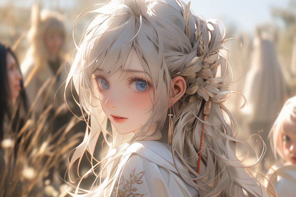 이쪽을 돌아보는 금발 벽안의 소녀 일러스트