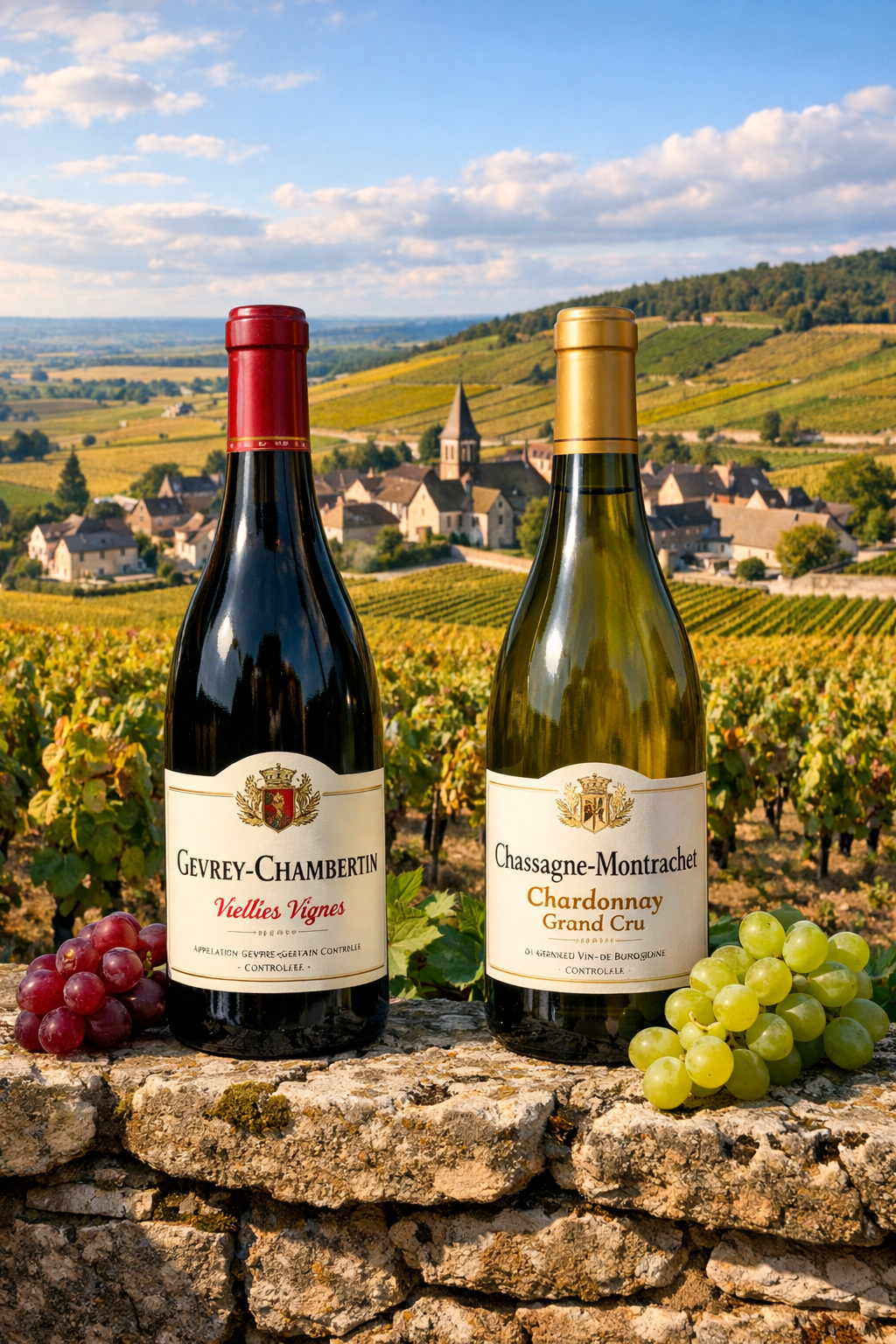 부르고뉴 포도밭에 피노누아와 샤르도네 와인 사진