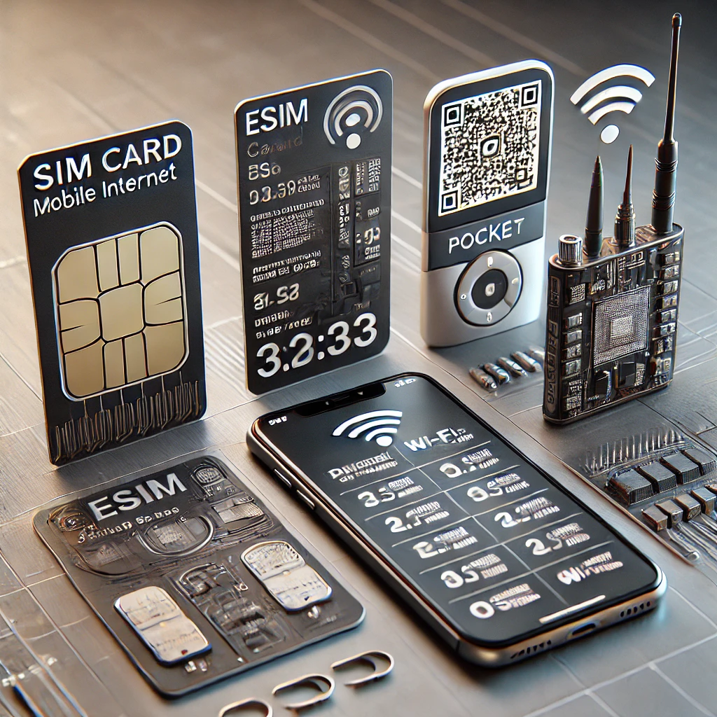유심칩, QR코드가 있는 eSIM 이미지, 포켓와이파이 기기와 여행자의 스마트폰이 함께 있는 시각적인 비교 이미지