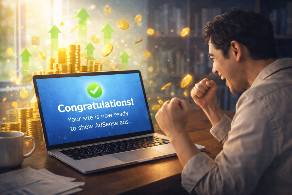 애드센스 승인 성공 메시지를 확인하고 기뻐하는 블로거와 상승하는 수익 그래프