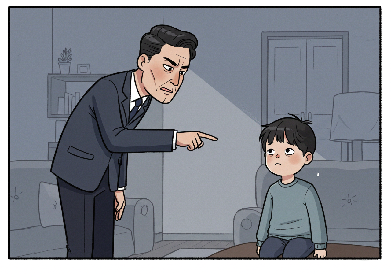 차가운 분이기 속에서 아이에게 손가락질하는 권인적인 부모 일러스트