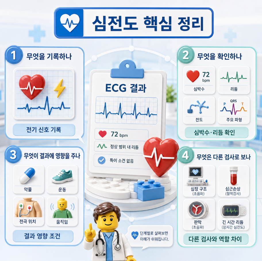 레고 스타일 의료 요약 인포그래픽으로 정리한 심전도 결과를 이해하는 순서와 핵심 확인 사항
