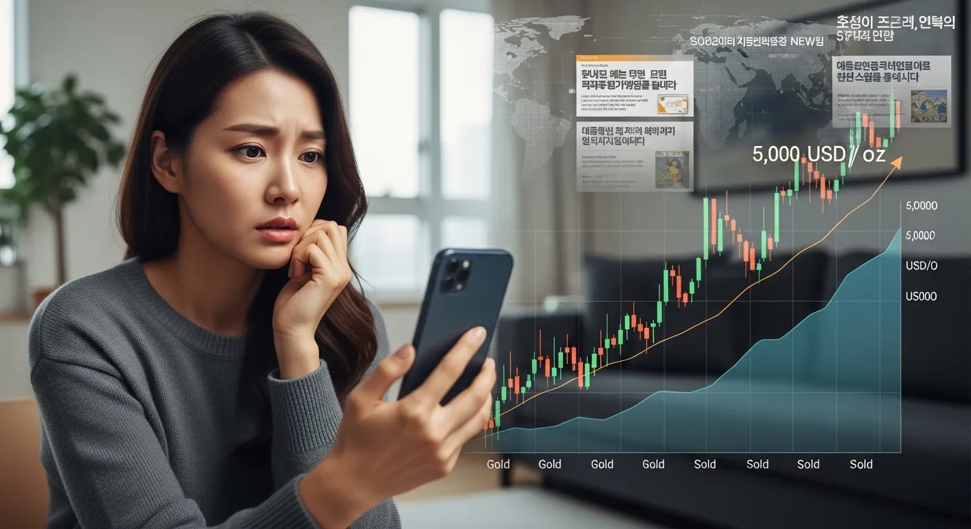026년 1월 금값 5,000달러 육박 그래프를 걱정스럽게 바라보는 한국 여성의 스마트폰 화면