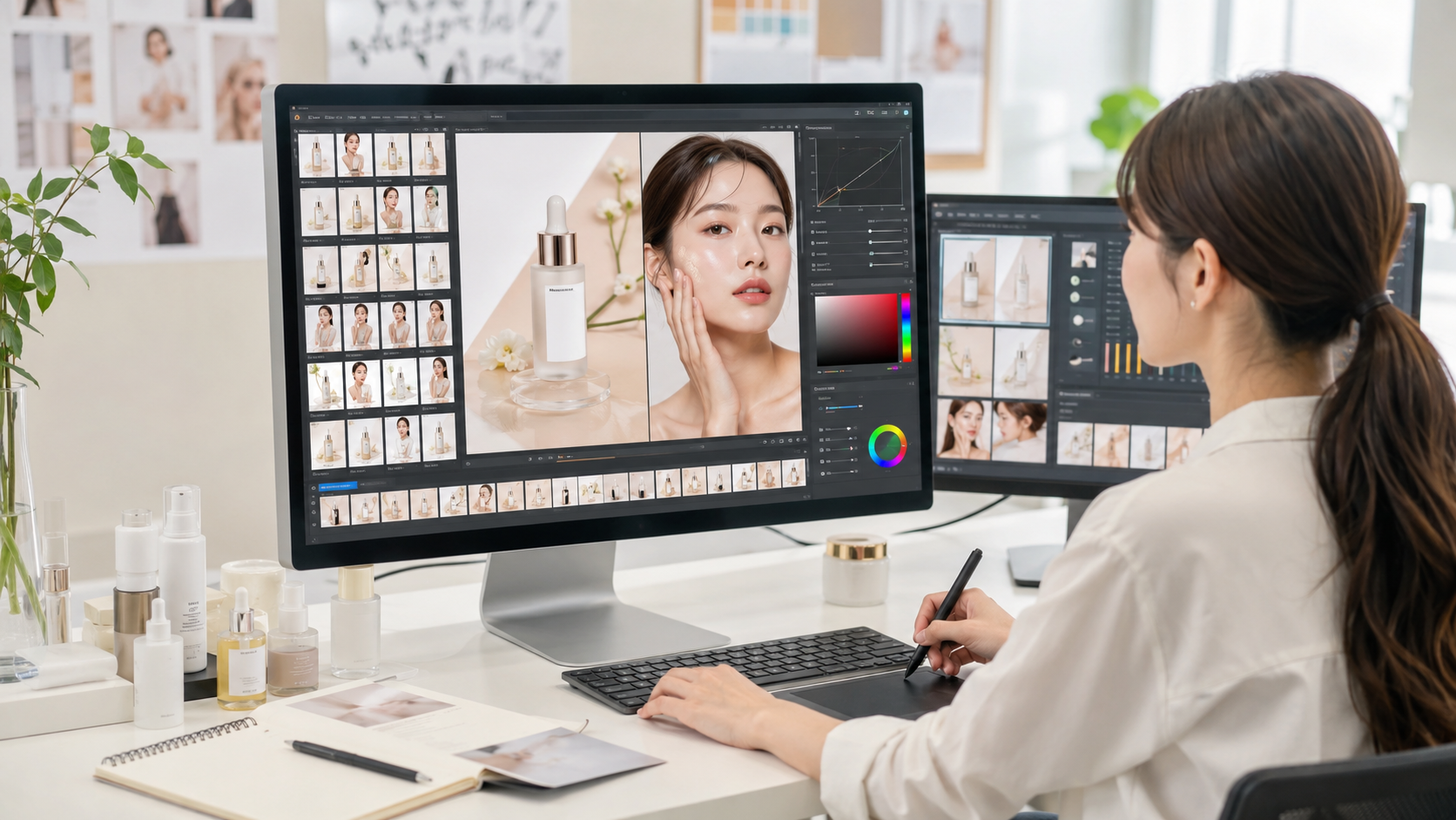 Editing product photos, adjusting model skin tone, and blending backgrounds