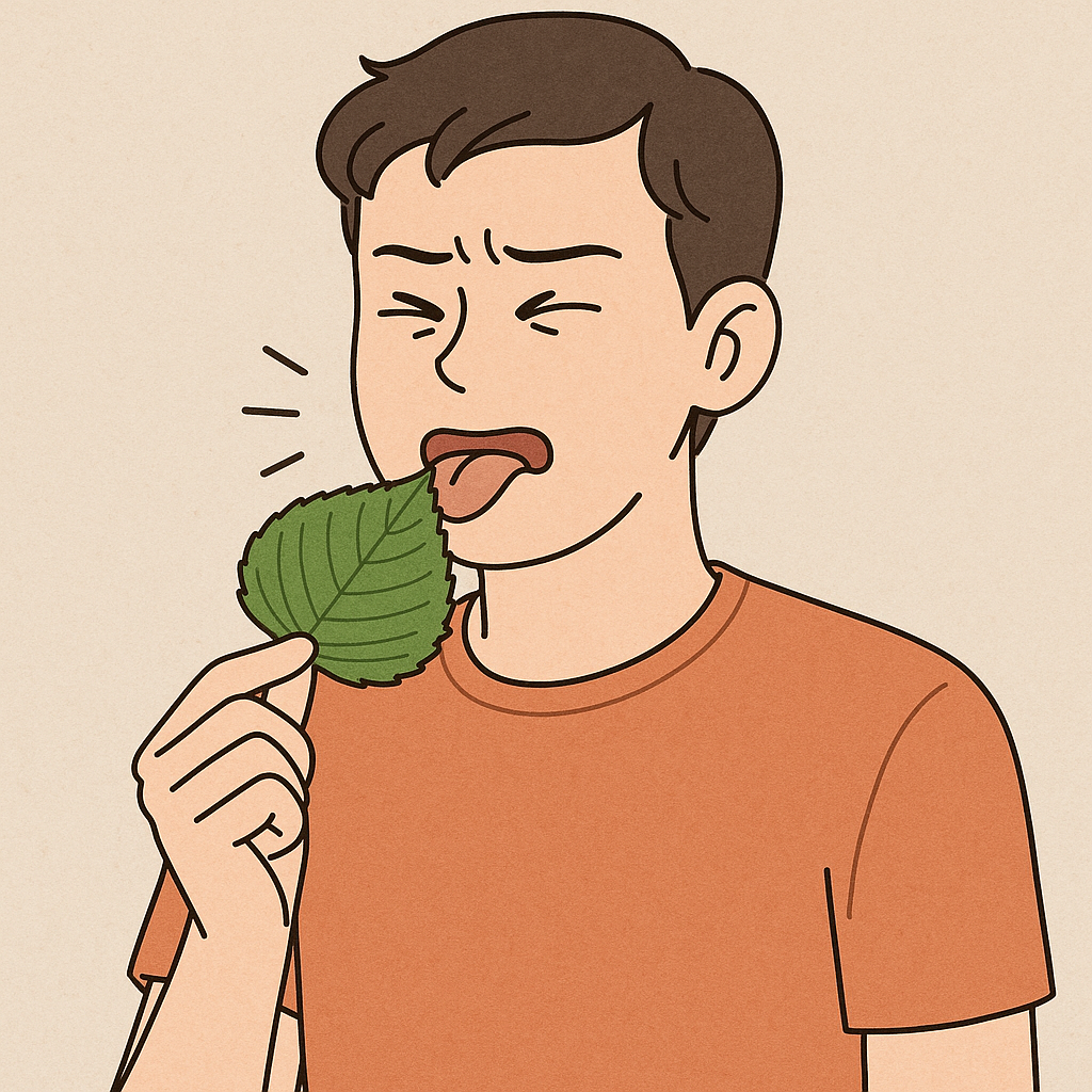 깻잎을 혀끝으로 살짝 닿으며 찡그리는 사람 일러스트