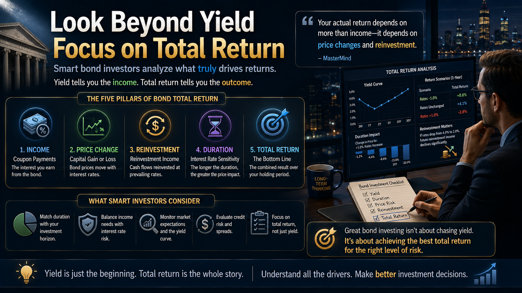 Bond investment analysis focusing on total return, yield, duration, price risk, reinvestment, credit risk, and investment horizon