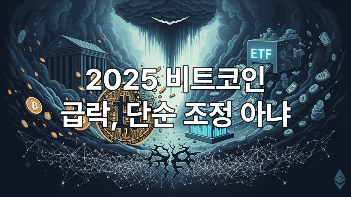 2025년 비트코인 급락의 복합적인 원인들을 시각적으로 표현한 이미지: 거시경제, ETF 자금 유출, 기술적 붕괴가 얽혀 비트코인 가격 하락을 야기하는 모습.