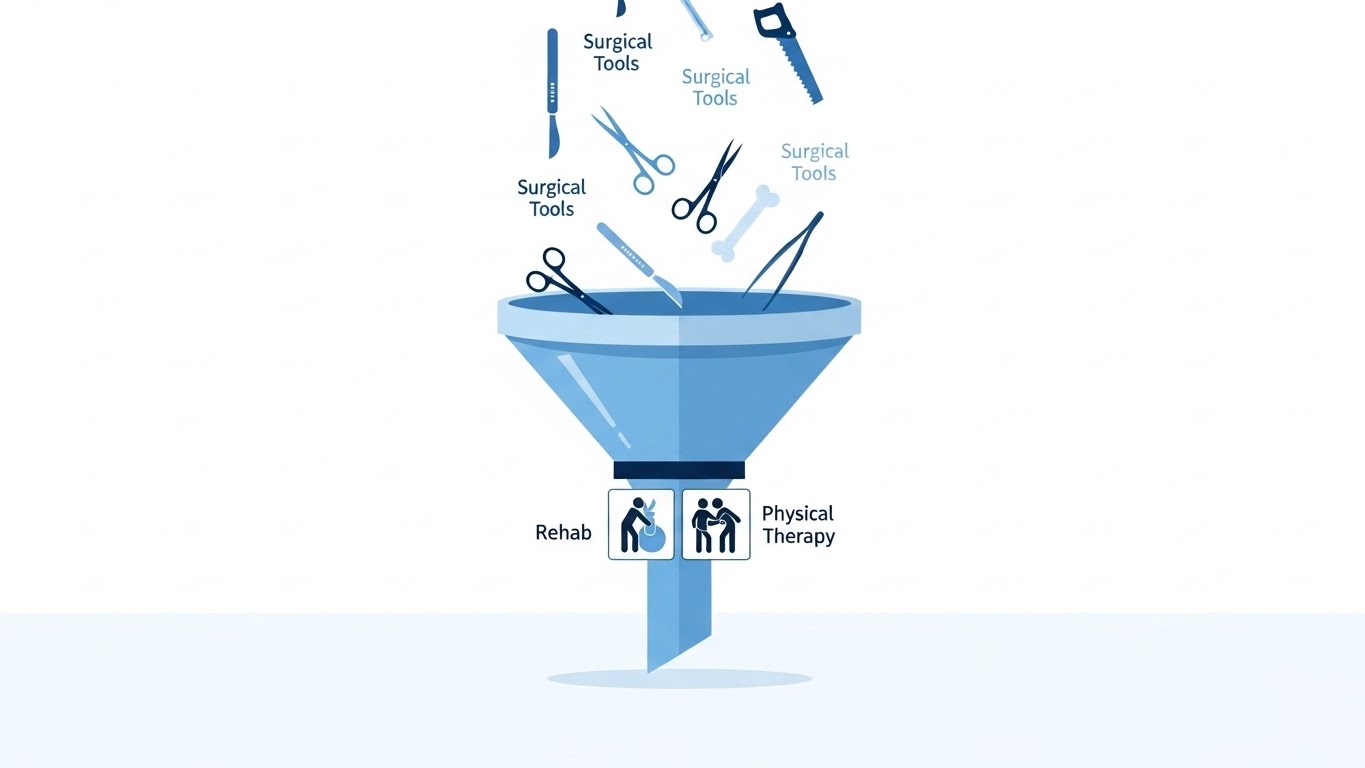 불필요한 수술을 거르고 꼭 필요한 재활 치료만을 선택하는 과정을 상징하는 필터 그래픽