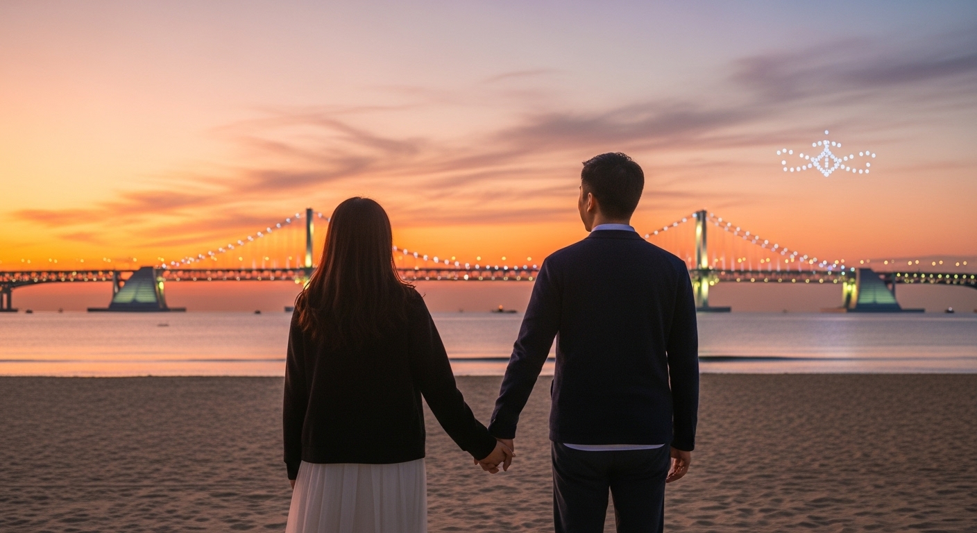 2025년 광안리 해변에서 노을 지는 광안대교를 배경으로 손을 잡고 걷는 연인들의 로맨틱한 뒷모습. 멀리서 드론쇼 불빛이 은은하게 빛나는 부산 광안리의 데이트 풍경.