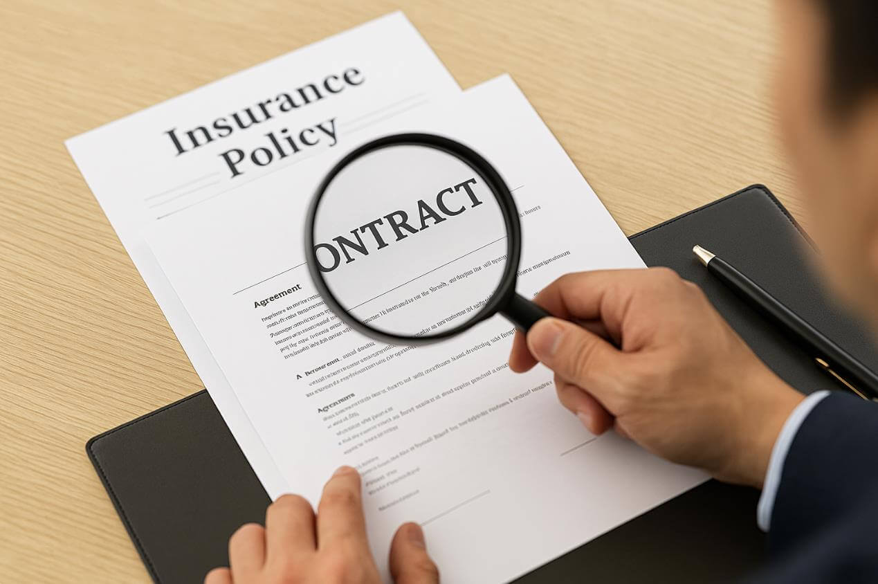 돋보기로 보험 계약서 세부 내용을 확인하는 모습.