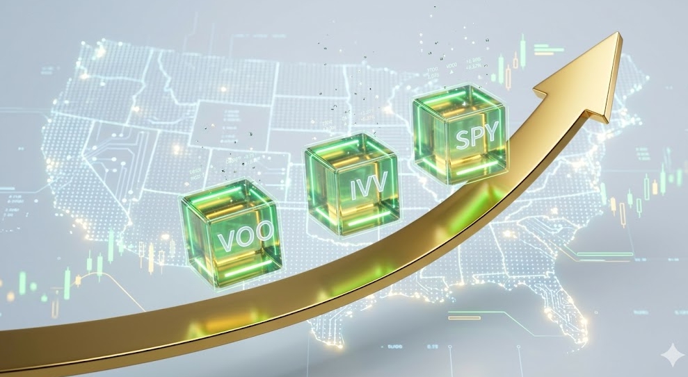 VOO, IVV, SPY 세 가지 미국 S&amp;P 500 지수 추종 ETF의 성장성을 비교하는 현대적인 금융 데이터 시각화 그래픽 이미지
