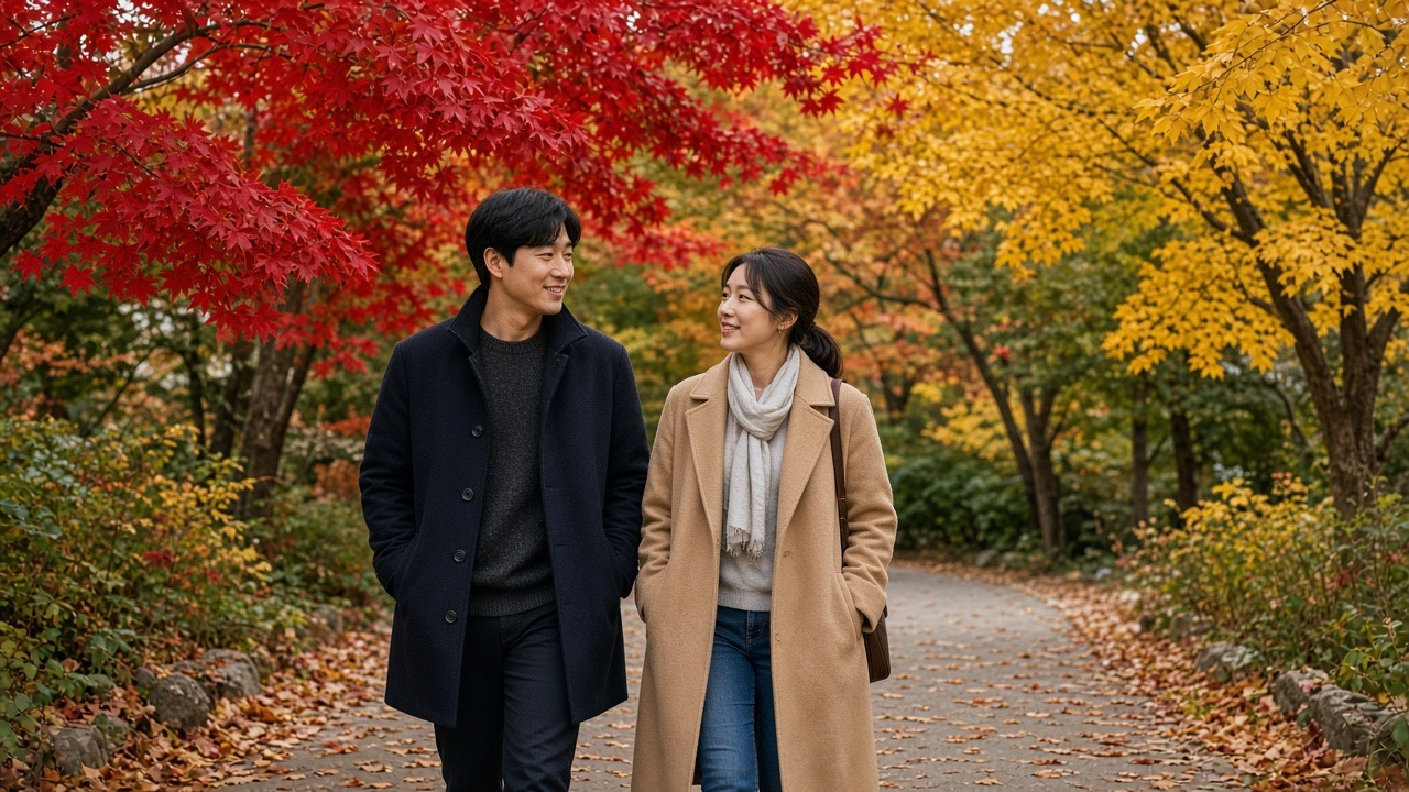 붉고 노란 단풍이 물든 수목원 산책로를 걷는 30대 한국인 부부