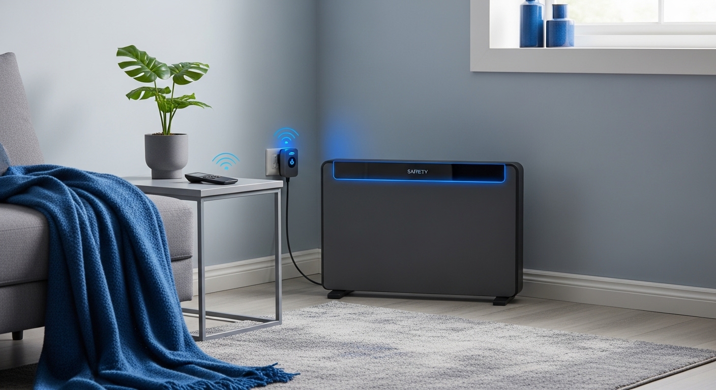 안전하고 효율적인 스마트 전기히터가 자취방 한구석에서 따뜻한 온기를 내뿜고 있다. 스마트 플러그와 연동되어 난방비 절약에 기여하는 모습.
