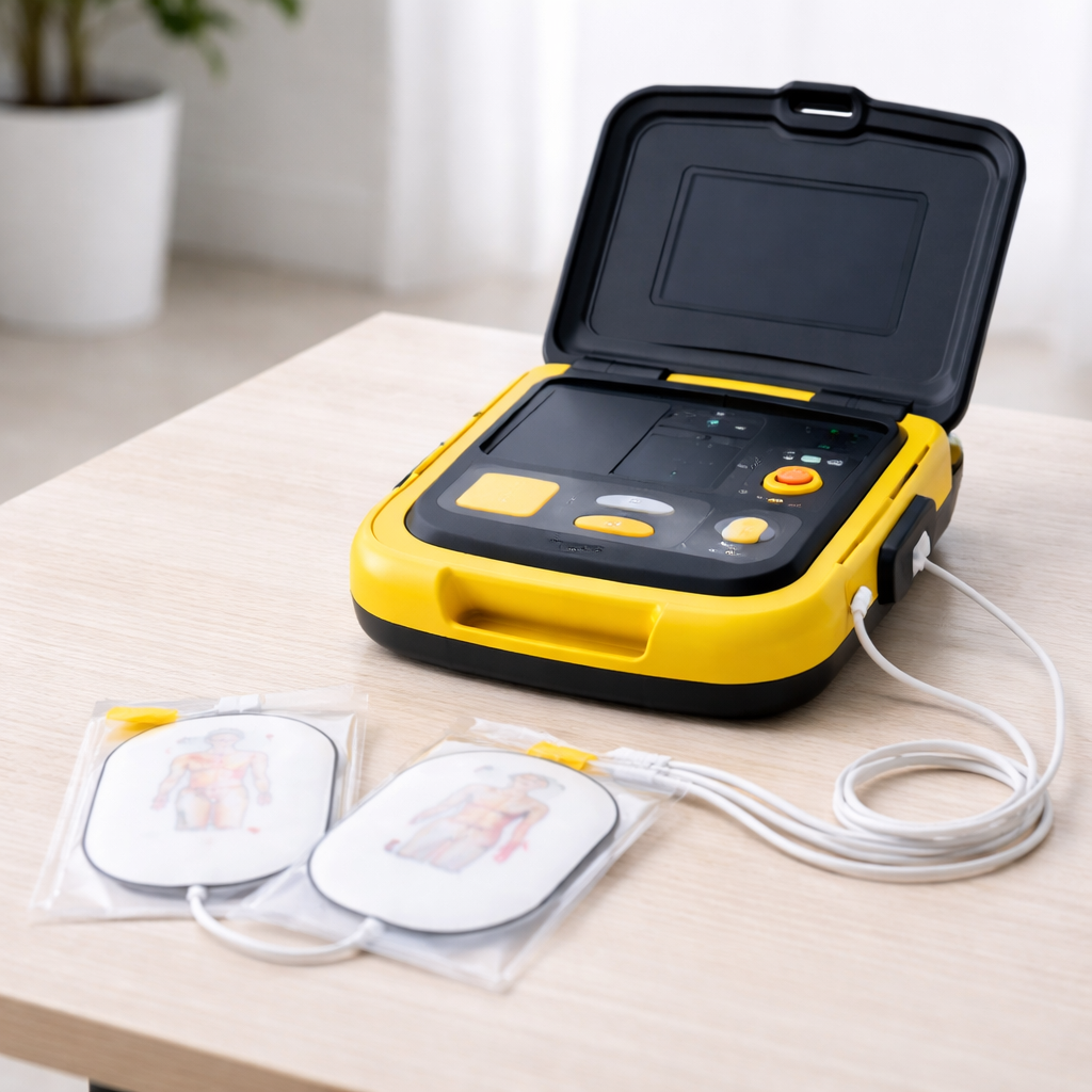 심정지 응급처치에 사용하는 자동심장충격기(AED) 장비 정물 이미지