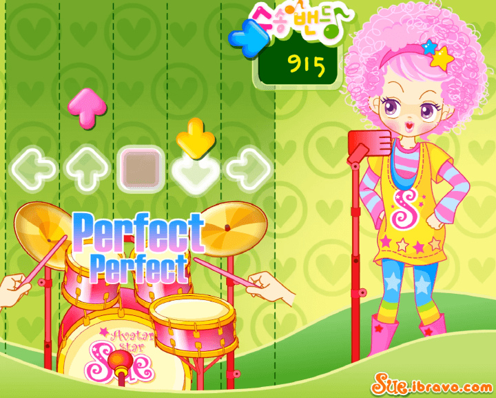 슈송-밴드-리듬-플래시게임-플레이-계속해서-빨라지는-반주에-맞춰-연속적으로-드럼-연주에-성공한-화면