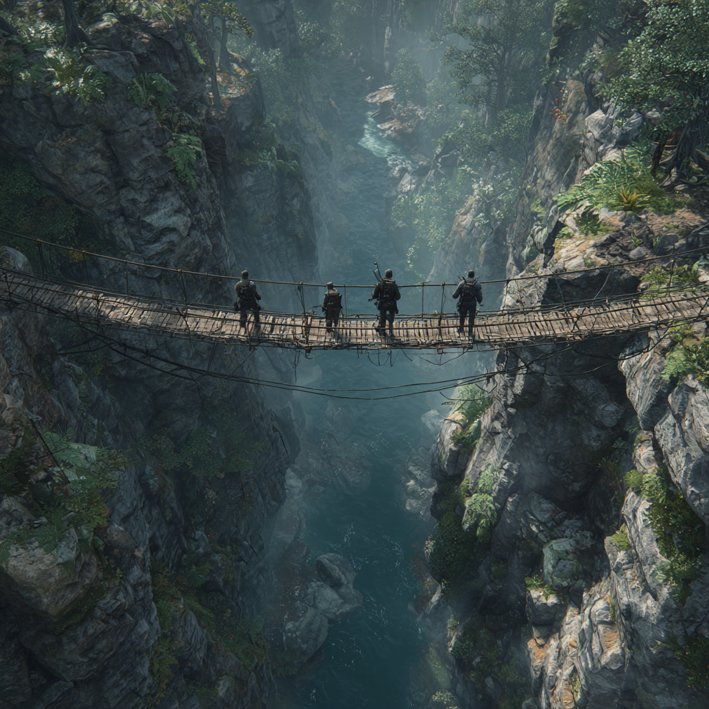 주인공들이 로프 다리를 건너며 아래에는 위험한 협곡이 펼쳐진 장면