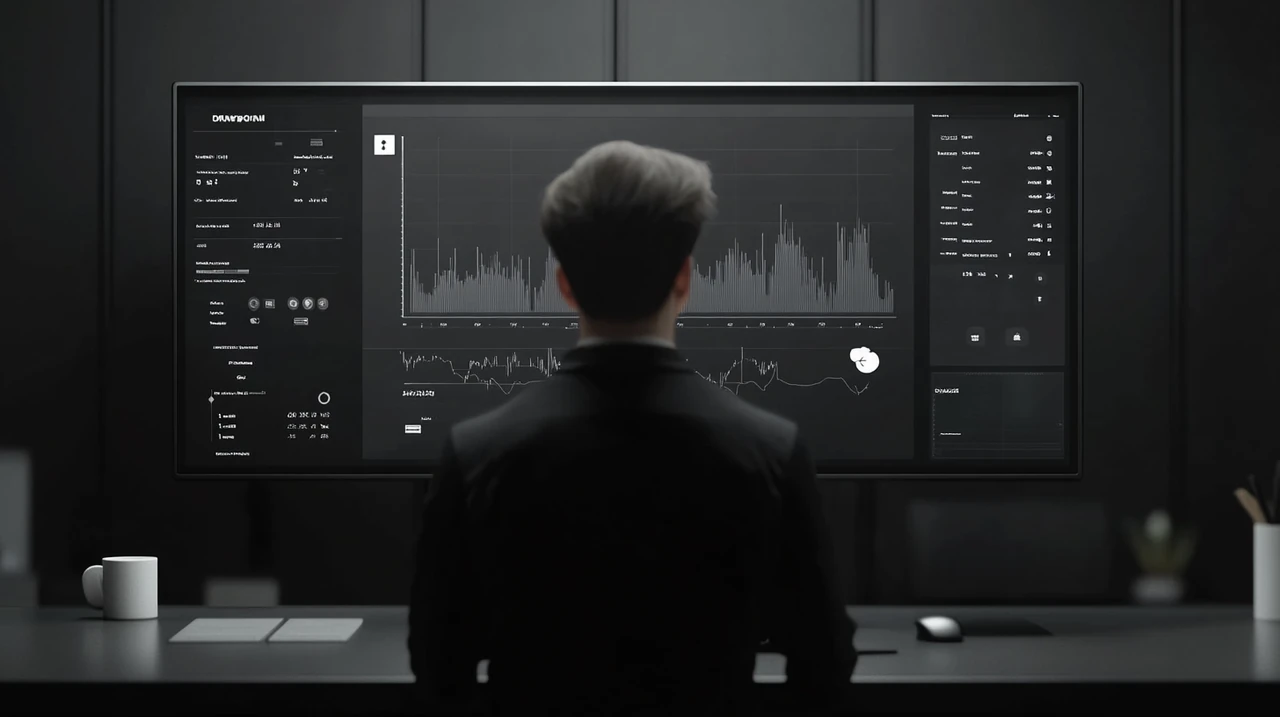 세련된 디지털 화면에서 금융 차트를 분석하는 개인이 고급스러운 사무실의 분위기 있는 조명 아래 시장 직관과 분석 전문성을 전달합니다.