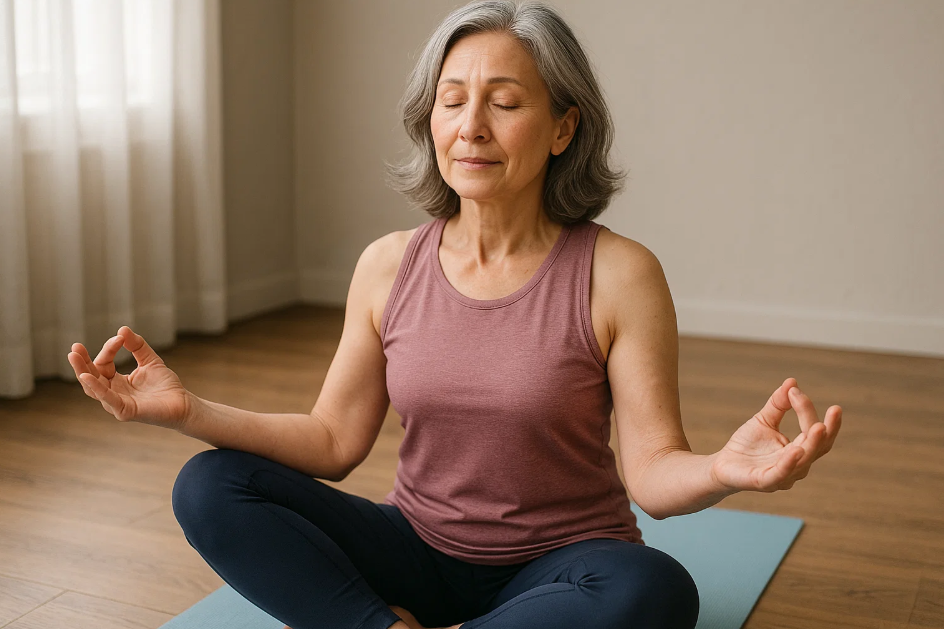 요가하는 중년 여성 사진