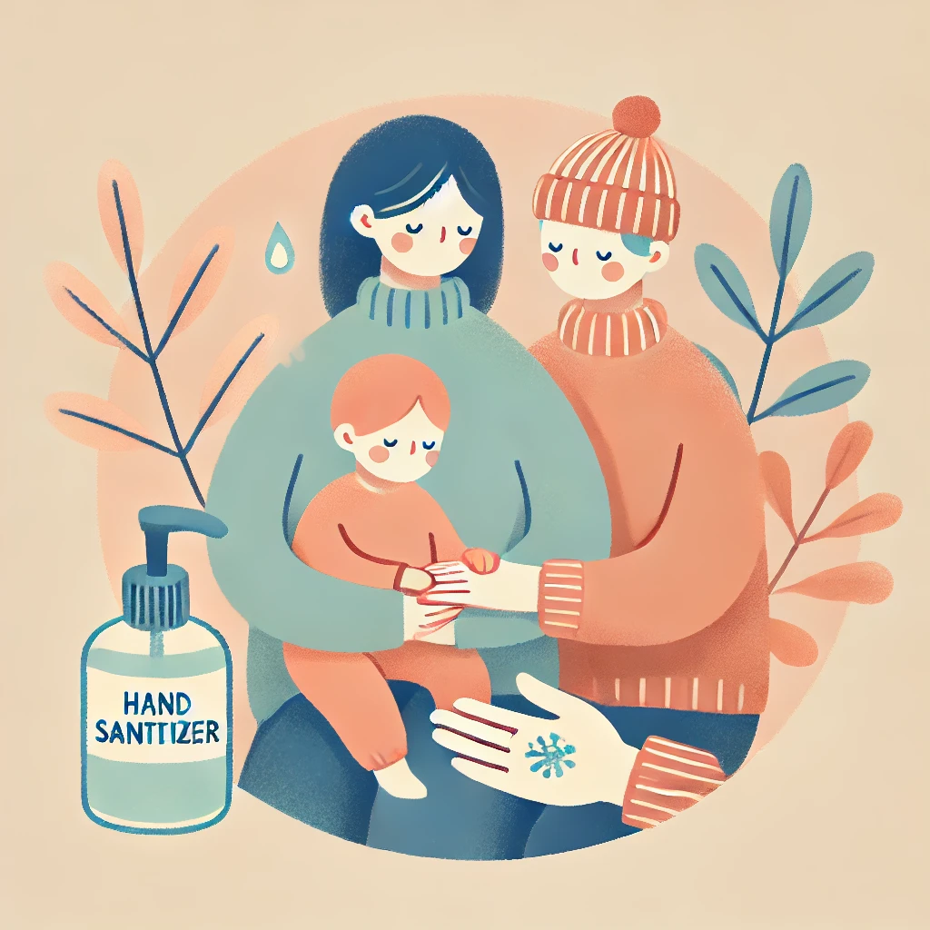 가정에서 독감 초기 증상을 관리하는 모습을 보여주는 이미지