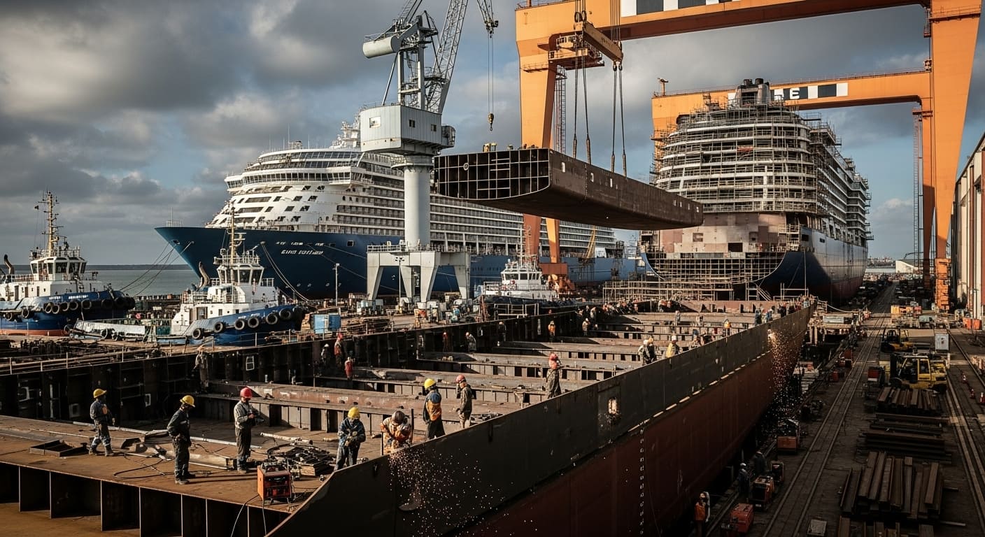 군함이 건조되는 조선소 작업 현장