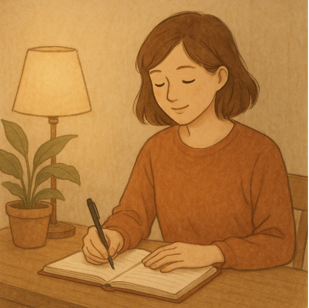 감정 노트에 조용히 일기을 적는 사람 모습