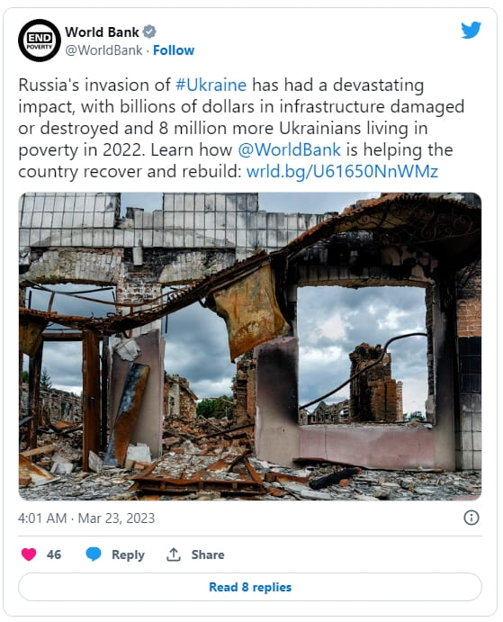 세계은행, "우크라이나 재건에 4,110억 달러의 비용 들 것" VIDEO: World Bank says $411bn cost to rebuild war-torn Ukraine