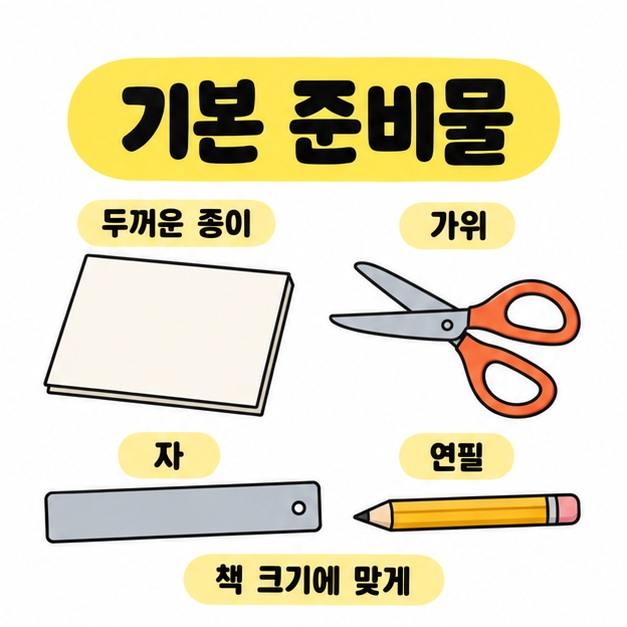 두꺼운 종이, 가위, 자, 연필을 기본 준비물로 보여 주고 책 크기에 맞게 만들도록 안내한 그림