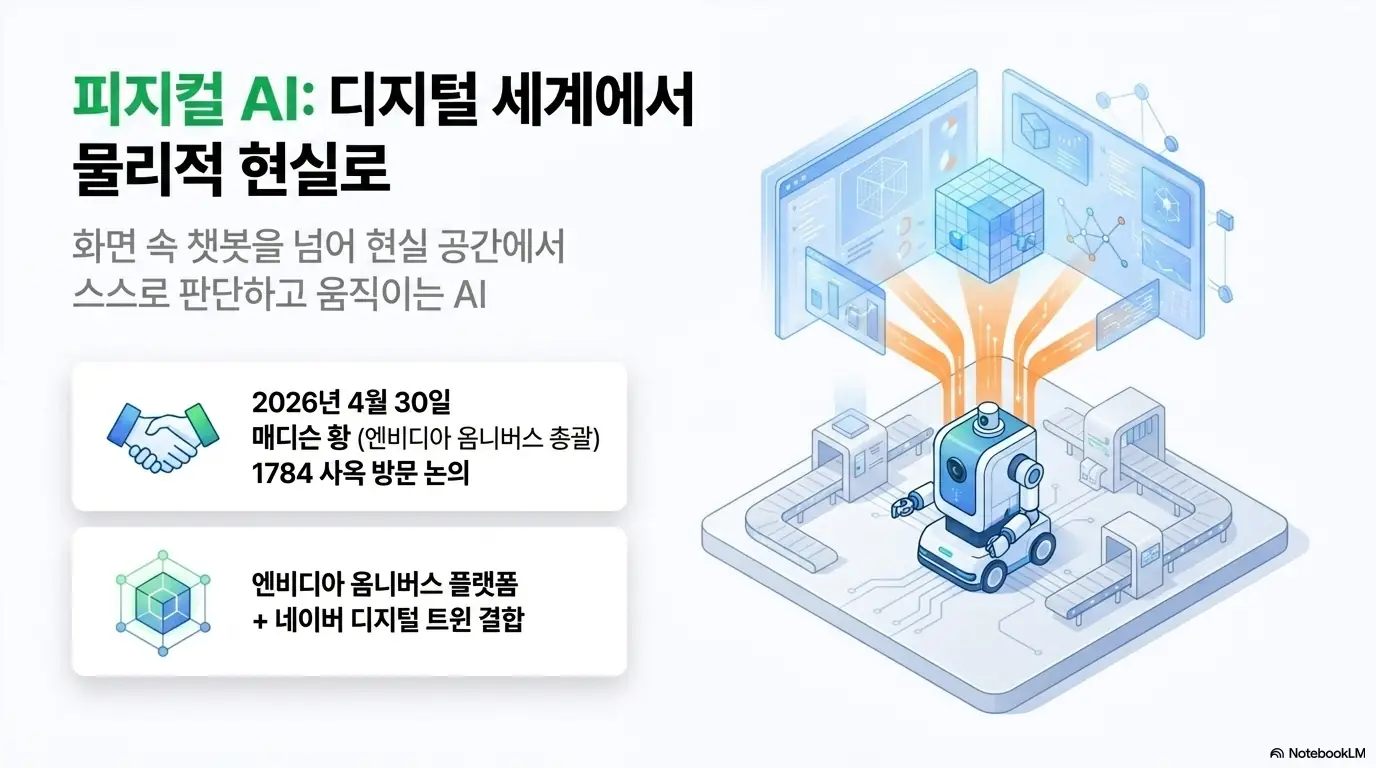 네이버 주가 전망: 매디슨 황의 4월 30일 1784 사옥 방문과 엔비디아 옴니버스 플랫폼에 네이버 디지털 트윈을 결합한 피지컬 AI 협력을 로봇 이미지로 보여 주는 네이버 주가 전망 자료