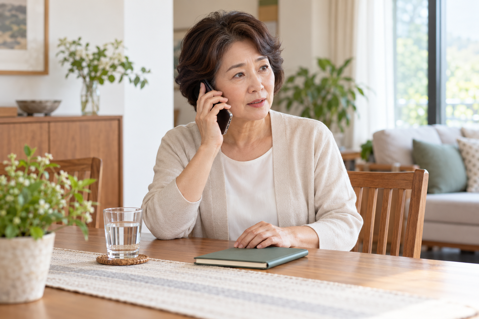 의료기관에 전화하며 진료를 준비하는 중년 여성의 AI 제작 예시