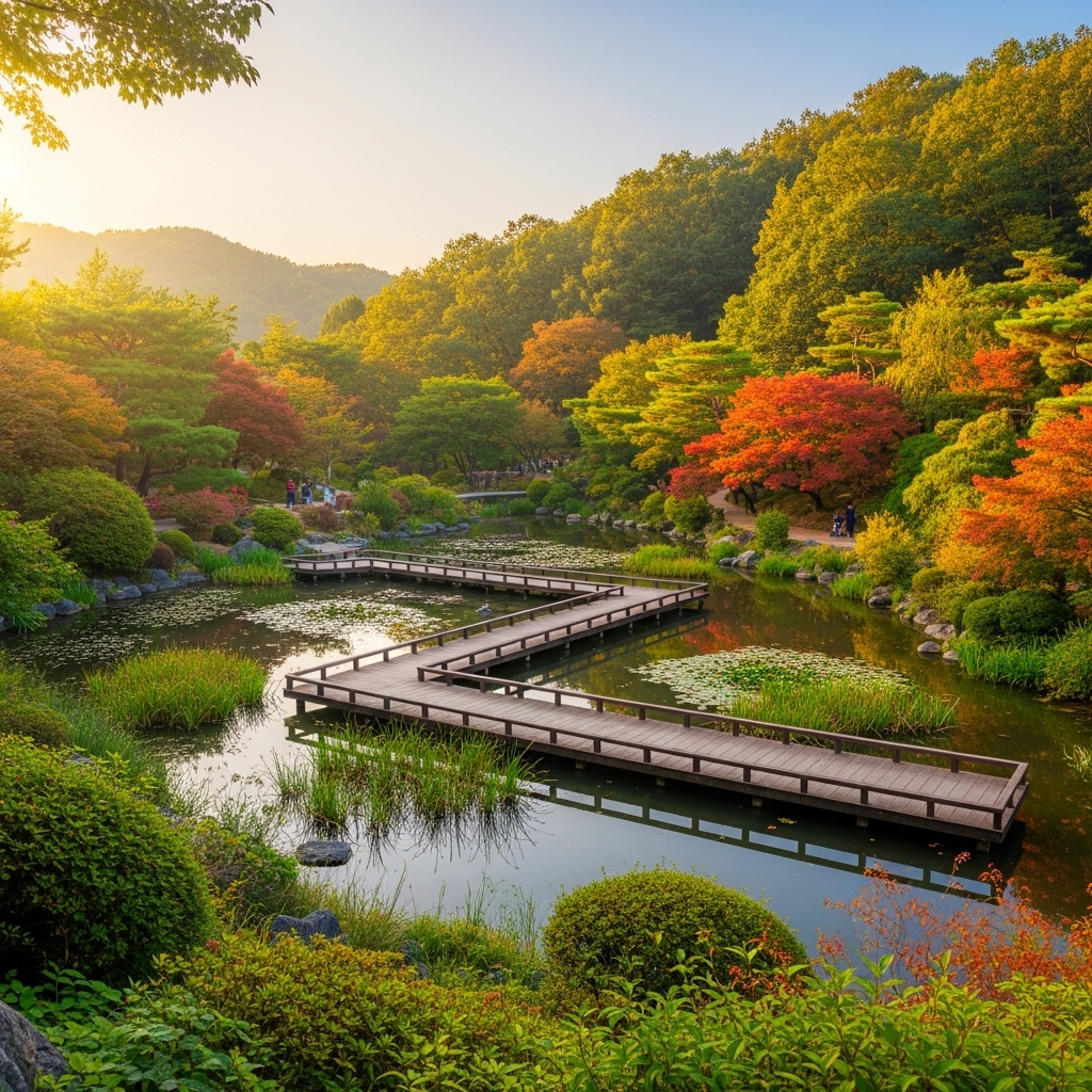 2025년 가을 화담숲의 숨겨진 황금빛 오솔길과 연못, 그리고 단풍이 어우러진 평화로운 풍경.