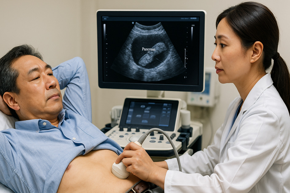 췌장암 조기발견 하려고 검사 받는 남성 이미지