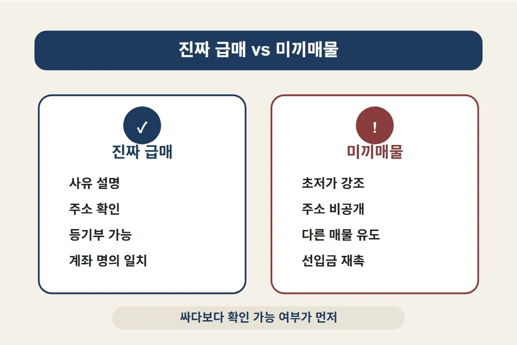 급매물 카페에서 진짜 급매와 미끼매물을 구별할 때 사유 설명, 주소 확인, 등기부 가능 여부를 비교하도록 정리한 이미지