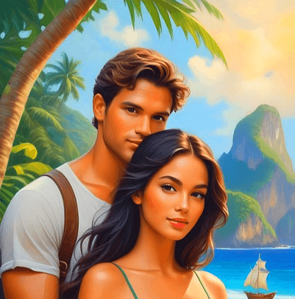 야자수나무가 있는 해변에서 젊은 남자가 여자를 안고 정면을 바라본다. 미남미녀 백인 커플이다.