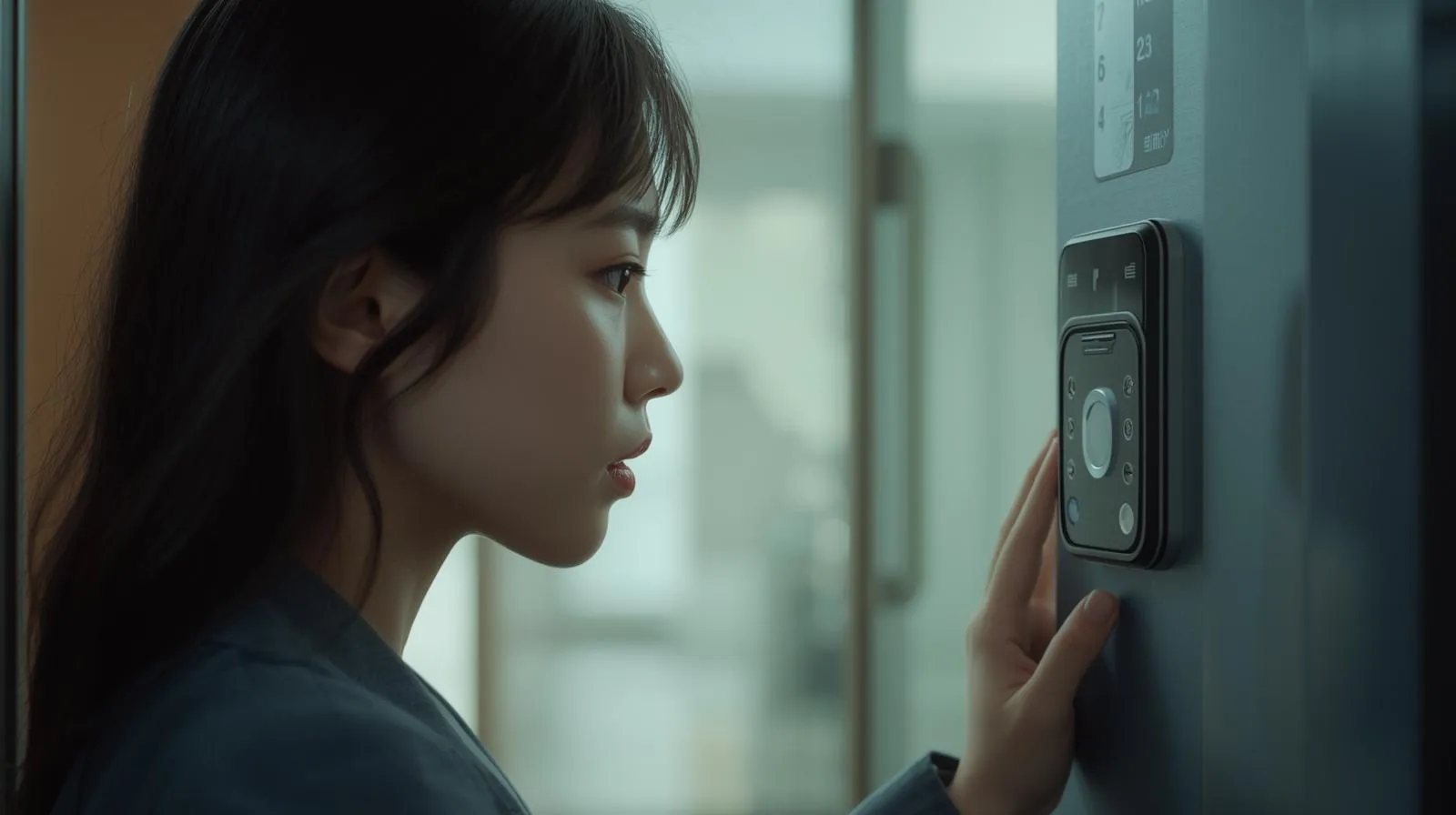 방법 노하우 문 열기 전 안전 수칙 방문자를 확인하는 여성