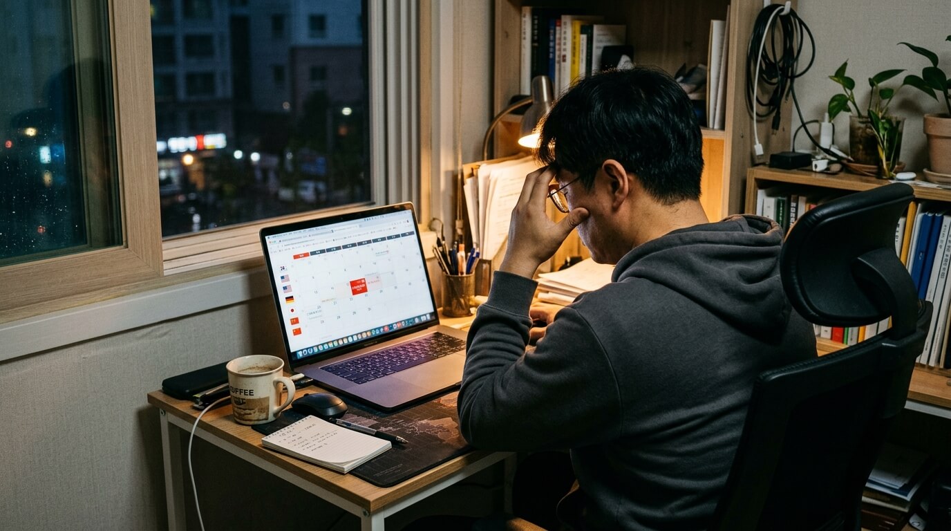 노트북 화면에 여러 나라 캘린더와 공휴일 표시가 떠 있는 홈오피스 책상