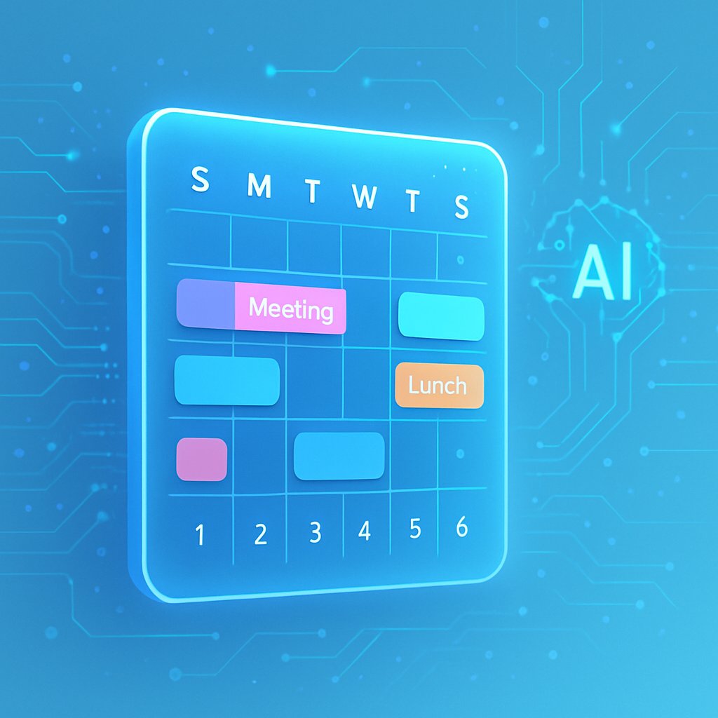 AI 기반 스케줄 캘린더 일러스트. 파란 배경 위에 요일과 시간표가 표시되어 있으며 'Meeting'과 'Lunch' 일정이 포함됨.