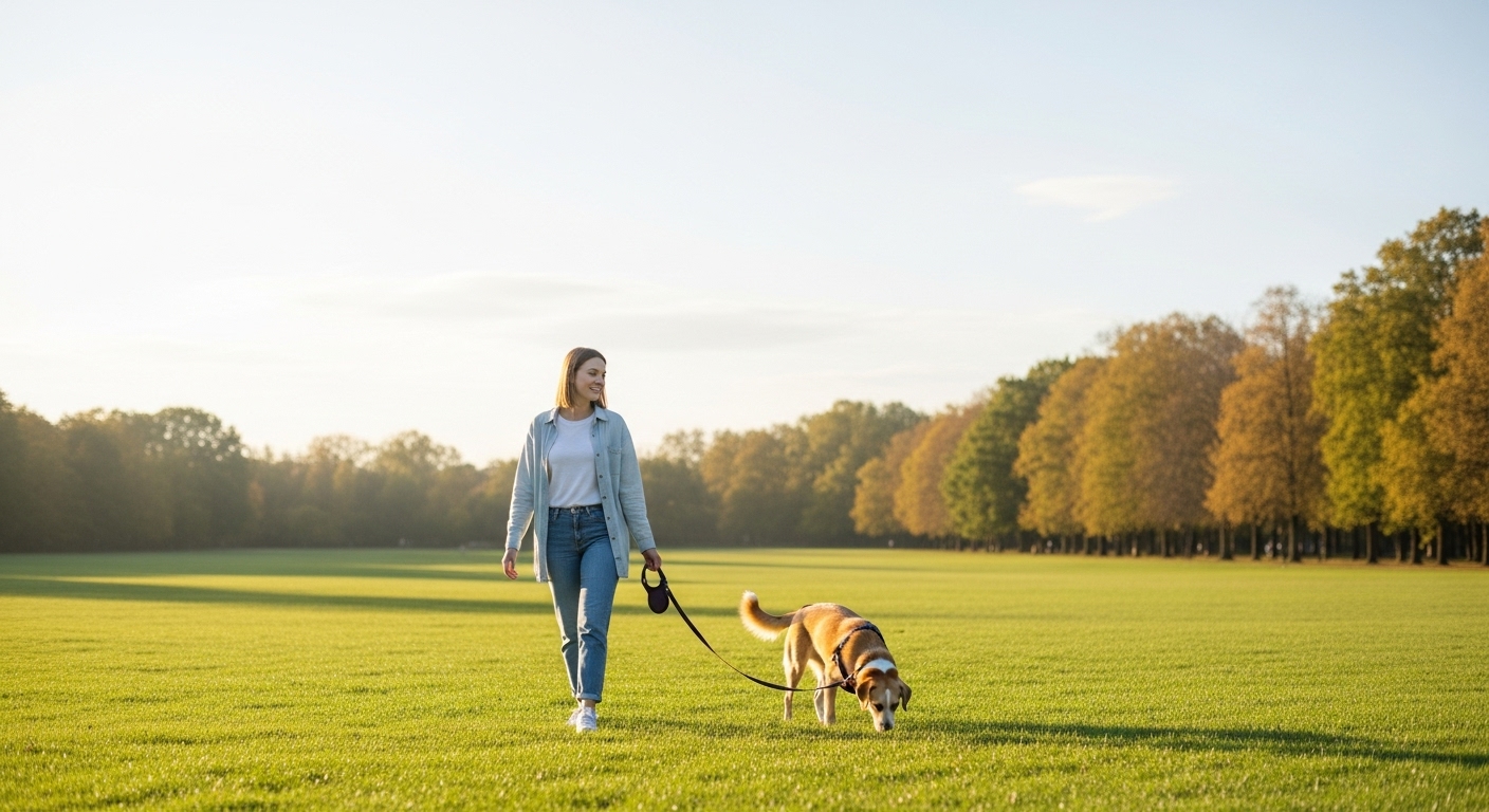공원에서 강아지가 여유롭게 냄새를 맡으며 주인과 산책을 즐기는 모습